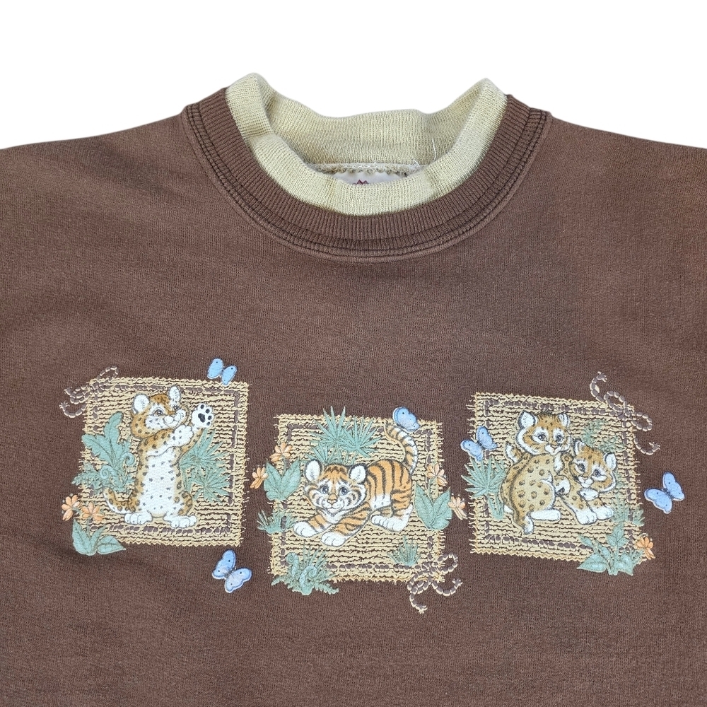 Vintage Double Collar Crewneck Wildlife Animal Graphic Sweatshirt Brown Size M - Picture 2 of 7